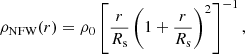 $$ \begin{aligned} \rho _{\rm NFW}(r) = \rho _0\left[\frac{r}{R_{\rm s}} \left(1 + \frac{r}{R_{\rm s}}\right)^2\right]^{-1}, \end{aligned} $$