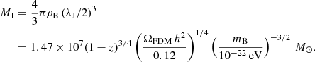 $$ \begin{aligned} M_{\rm J}&= \frac{4}{3}\pi \rho _{\rm B} \left(\lambda _{\rm J}/2\right)^3\nonumber \\&= 1.47 \times 10^7 (1+z)^{3/4} \left(\frac{\Omega _{\rm FDM}\,h^2}{0.12}\right)^{1/4} \left(\frac{m_{\rm B}}{10^{-22}\,\mathrm{eV}}\right)^{-3/2}\,M_{\odot }. \end{aligned} $$