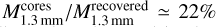 ${{M_{1.3\,{\rm{mm}}}^{{\rm{cores}}}} \mathord{\left/ {\vphantom {{M_{1.3\,{\rm{mm}}}^{{\rm{cores}}}} {M_{1.3\,\,{\rm{mm}}}^{{\rm{recovered}}}}}} \right. \kern-\nulldelimiterspace} {M_{1.3\,\,{\rm{mm}}}^{{\rm{recovered}}}}} \simeq 22\% $