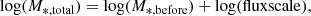 $$ \begin{aligned} \log (M_{*, \mathrm{total}}) = \log (M_{*, \mathrm{before}}) + \log (\mathrm{fluxscale} ), \end{aligned} $$