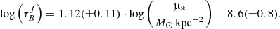 $$ \begin{aligned} \log \left(\tau _{B}^{f}\right) = 1.12(\pm 0.11)\cdot \log \left(\frac{\upmu _{*}}{{M}_{\odot }\,\mathrm{kpc} ^{-2}}\right) - 8.6(\pm 0.8). \end{aligned} $$