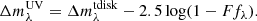 $$ \begin{aligned} \Delta m_{\lambda }^\mathrm{UV} = \Delta m_{\lambda }^\mathrm{tdisk} - 2.5\log (1 - Ff_{\lambda }). \end{aligned} $$