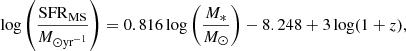 $$ \begin{aligned} \log \left(\frac{\mathrm{SFR}_{\rm MS}}{M_{\odot \mathrm{yr} ^{-1}}}\right) = 0.816\log \left(\frac{M_{*}}{{M}_{\odot }}\right) - 8.248 + 3\log (1+z), \end{aligned} $$