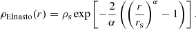 $$ \begin{aligned} \rho _{\rm Einasto}(r) = \rho _{\rm s}\exp \left[-\frac{2}{\alpha }\left(\left(\frac{r}{r_{\rm s}}\right)^\alpha -1\right)\right]. \end{aligned} $$