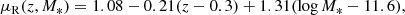 $$ \begin{aligned} \mu _{\mathrm{R} }(z,M_*) = 1.08 - 0.21(z - 0.3) + 1.31(\log {M_*} - 11.6), \end{aligned} $$
