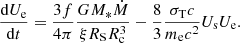 $$ \begin{aligned} \frac{\mathrm{d} U_{\rm e}}{\mathrm{d} t}= \frac{3f}{4\pi }\frac{G M_* \dot{M}}{\xi R_{\rm S} R_{\rm c}^3}-\frac{8}{3}\frac{\sigma _{\rm T}c}{m_{\rm e} c^2} U_{\rm s} U_{\rm e} . \end{aligned} $$