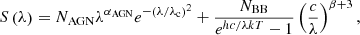 $$ \begin{aligned} S\left(\lambda \right)=N_{\mathrm{AGN} }\lambda ^{\alpha _{\mathrm{AGN} }}e^{-\left(\lambda /\lambda _{\mathrm{c} }\right)^{2}}+\dfrac{N_{\mathrm{BB} }}{e^{hc/\lambda kT}-1}\left(\frac{c}{\lambda }\right)^{\beta +3}, \end{aligned} $$