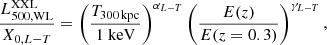 $$ \begin{aligned} \frac{L^\mathrm{XXL}_{500,\mathrm{WL}}}{X_{0,L-T}} = \left(\frac{T_{300\,\mathrm{kpc}}}{1\ \mathrm{keV}}\right)^{\alpha _{L-T}} \left(\frac{E(z)}{E(z=0.3)}\right)^{\gamma _{L-T}}, \end{aligned} $$