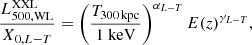 $$ \begin{aligned} \frac{L^{\mathrm{XXL}}_{500,\mathrm{WL}}}{X_{0,L-T}} = \left(\frac{T_{300\,\mathrm{kpc}}}{1\ \mathrm{keV}}\right)^{\alpha _{L-T}} E(z)^{\gamma _{L-T}} , \end{aligned} $$