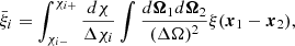 $$ \begin{aligned} \bar{\xi }_i = \int _{\chi _{i-}}^{\chi _{i+}} \frac{d\chi }{\Delta \chi _i} \int \frac{d{\boldsymbol{\Omega }}_1 d{\boldsymbol{\Omega }}_2}{(\Delta \Omega )^2} \xi ({\boldsymbol{x}}_1-{\boldsymbol{x}}_2) , \end{aligned} $$