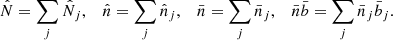 $$ \begin{aligned} \hat{N} = \sum _j \hat{N}_j , \;\;\; \hat{n} = \sum _j \hat{n}_j , \;\;\; \bar{n} = \sum _j \bar{n}_j , \;\;\; \bar{n} \bar{b} = \sum _j \bar{n}_j \bar{b}_j . \end{aligned} $$
