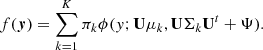 $$ \begin{aligned} f(\boldsymbol{y}) = \sum _{k=1}^K \pi _k \phi ({ y};\mathbf U \mu _k, \mathbf U \Sigma _k\mathbf U^t + \Psi ) .\end{aligned} $$