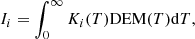 $$ \begin{aligned} I_i = \int _{0}^{\infty } K_i(T) \mathrm{DEM}(T) \mathrm{d}T, \end{aligned} $$