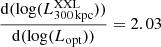 $ \frac{\mathrm{d}(\log(L^{\mathrm{XXL}}_{\mathrm{300\,kpc}}))}{\mathrm{d}(\log(L_{\mathrm{opt}}))}=2.03 $