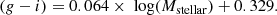 $$ \begin{aligned} (g - i) = 0.064\times \text{ log}(M_{\rm stellar}) + 0.329 .\end{aligned} $$