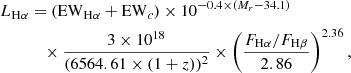 $$ \begin{aligned} L_{\rm H\alpha }&= (\mathrm{EW}_{\rm H\alpha } + \mathrm{EW}_{c}) \times 10^{-0.4 \times (M_{r}-34.1)} \nonumber \\&\quad \times \frac{3 \times 10^{18}}{(6564.61 \times (1+z))^{2}} \times \left(\frac{F_{\rm H\alpha }/F_{\rm H\beta }}{2.86}\right)^{2.36}, \end{aligned} $$