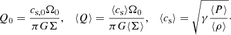 $$ \begin{aligned} Q_0 = \frac{c_{\rm s, 0}\Omega _0}{\pi G \Sigma }, \quad \langle Q \rangle = \frac{\langle c_{\rm s} \rangle \Omega _0}{\pi G \langle \Sigma \rangle }, \quad \langle c_{\rm s} \rangle = \sqrt{\gamma \frac{\langle P \rangle }{\langle \rho \rangle }}\cdot \end{aligned} $$
