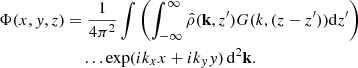 $$ \begin{aligned} \Phi (x,{ y},z)&= \frac{1}{4\pi ^2}\int \left(\int _{-\infty }^{\infty } \hat{\rho }(\mathbf k , z^\prime ) G(k, (z-z^\prime )) \mathrm{d}z^\prime \right) \\&\,\,\,\,\,\,\ldots \exp (ik_x x+ik_{ y} { y})\,\mathrm{d}^2\mathbf k .\nonumber \end{aligned} $$