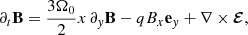 $$ \begin{aligned} \partial _t\mathbf B = \frac{3\Omega _0}{2}x\,\partial _{ y}\mathbf B - q B_x\mathbf e _{ y} + \nabla \times \boldsymbol{\mathcal{E} }, \end{aligned} $$