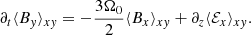 $$ \begin{aligned} &\partial _t\langle B_{ y} \rangle _{x{ y}} = -\frac{3\Omega _0}{2}\langle B_x \rangle _{x{ y}} + \partial _z\langle \mathcal{E} _x \rangle _{x{ y}}. \end{aligned} $$