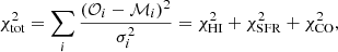 $$ \begin{aligned} \chi ^2_{\rm tot} = \sum _i \frac{(\mathcal{O} _i-\mathcal{M} _i)^2}{\sigma _i^2} = \chi ^2_{\rm HI} + \chi ^2_{\rm SFR} + \chi ^2_{\rm CO}, \end{aligned} $$