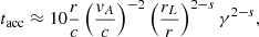 $$ \begin{aligned} t_{\rm acc} \approx 10 \frac{r}{c} \left(\frac{{ v}_A}{c}\right)^{-2} \left(\frac{r_L}{r}\right)^{2-s} \gamma ^{2-s}, \end{aligned} $$