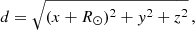 $$ \begin{aligned} d = \sqrt{(x+R_{\odot })^{2}+ y^2+z^2} \, , \end{aligned} $$