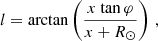 $$ \begin{aligned} l = \mathrm{arctan} \left( \frac{x\ \mathrm{tan} \, \varphi }{x+R_{\odot }}\right)\, , \end{aligned} $$