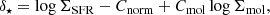 $$ \begin{aligned}&\delta _{\star } = \log \Sigma _{\rm SFR} - C_{\rm norm} + C_{\rm mol} \log \Sigma _{\rm mol}, \end{aligned} $$
