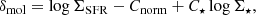 $$ \begin{aligned}&\delta _{\rm mol} = \log \Sigma _{\rm SFR} - C_{\rm norm} + C_{\star } \log \Sigma _{\star }, \end{aligned} $$