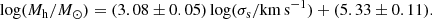 $$ \begin{aligned} \log (M_{\rm h}/{M}_\odot ) =(3.08\pm 0.05)\log (\sigma _{\rm s}/\mathrm{km\,s^{-1}})+(5.33\pm 0.11). \end{aligned} $$