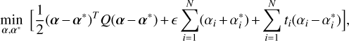 $_{\alpha ,\alpha *}^{\min }\left[ {{1 \over 2}{{(\alpha - \alpha *)}^T}Q(\alpha - \alpha *) + \in \,\sum\limits_{i = 1}^N {({\alpha _i} + \alpha _i^*) + \sum\limits_{i = 1}^N {{t_i}({\alpha _i} - \alpha _i^*)} } } \right],\,$