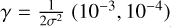 $\gamma = {1 \over {2{\sigma ^2}}}\left( {{{10}^{ - 3}},{{10}^{ - 4}}} \right)$