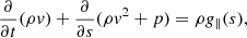$$ \begin{aligned} \frac{\partial }{\partial t}(\rho { v})+\frac{\partial }{\partial s}(\rho { v}^2+p)=\rho g_{\parallel }(s) , \end{aligned} $$