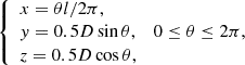 $$ \begin{aligned} \left\{ \begin{array}{lr} x=\theta l/2\pi ,&\\ { y}=0.5D\sin \theta ,&0\le \theta \le 2\pi , \\ z=0.5D\cos \theta ,&\end{array}\right. \end{aligned} $$