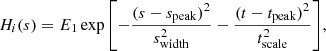 $$ \begin{aligned} H_i(s)=E_1 \exp {\left[{-\frac{(s-s_{\rm peak})^2}{s_{\rm width}^2}-\frac{(t-t_{\rm peak})^2}{t_{\rm scale}^2}}\right]}, \end{aligned} $$