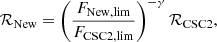 $$ \begin{aligned} \mathcal{R} _{\rm New}=\left(\frac{F_{\rm New,lim}}{F_{\rm CSC2,lim}}\right)^{-\gamma }\mathcal{R} _{\rm CSC2}, \end{aligned} $$