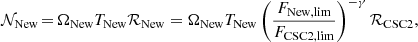 $$ \begin{aligned} \mathcal{N} _{\rm New}\,{=}\,\Omega _{\rm New} T_{\rm New}\mathcal{R} _{\rm New}=\Omega _{\rm New} T_{\rm New}\left(\frac{F_{\rm New,lim}}{F_{\rm CSC2,lim}}\right)^{-\gamma }\mathcal{R} _{\rm CSC2}, \end{aligned} $$