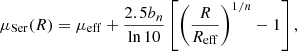 $$ \begin{aligned} \mu _{\mathrm{Ser}} (R) = \mu _{\mathrm{eff}} + \frac{2.5 b_n}{\ln 10}\left[\left(\frac{R}{R_{\mathrm{eff}} }\right)^{1/n} -1\right], \end{aligned} $$