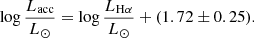 $$ \begin{aligned} \log {\frac{L_{\rm acc}}{L_\odot }}= \log {\frac{L_{\rm H\alpha }}{L_\odot }} + (1.72 \pm 0.25) .\end{aligned} $$