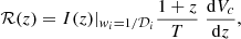 $$ \begin{aligned} \mathcal{R} (z)=I(z)|_{{ w}_i=1/\mathcal{D} _i}\frac{1+z}{T}\left.\frac{\mathrm{d}V_c}{\mathrm{d}z}, \right. \end{aligned} $$