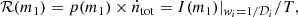 $$ \begin{aligned} \mathcal{R} (m_1)=p(m_1)\times \dot{n}_{\rm {tot}}=I(m_1)|_{{ w}_i=1/\mathcal{D} _i}/T, \end{aligned} $$