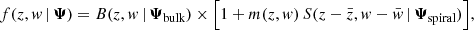 $$ \begin{aligned} f(z,w\,|\,\boldsymbol{\Psi }) = B(z,w\,|\,\boldsymbol{\Psi }_\text{bulk}) \times \Big [ 1 + m(z,w)\, S(z-\bar{z},w-\bar{w}\,|\,\boldsymbol{\Psi }_\text{spiral}) \Big ], \end{aligned} $$