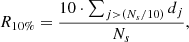 $$ \begin{aligned} R_{10\%}=\frac{10\cdot \sum _{j>(N_{s}/10)} d_{j}}{N_{s}}, \end{aligned} $$