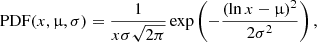 $$ \begin{aligned} \mathrm{PDF}(x,\upmu ,\sigma )=\frac{1}{x\sigma \sqrt{2\pi }}\exp \left(-\frac{(\ln x-\upmu )^2}{2\sigma ^2}\right), \end{aligned} $$