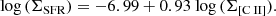 $$ \begin{aligned} \mathrm {\log {(\Sigma _{SFR})}} = -6.99 + 0.93\ \mathrm {\log {(\Sigma _{[{\text{C}}{\small {{\text{ II}}}}]})}}. \end{aligned} $$