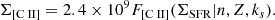 $$ \begin{aligned} \Sigma _{\rm [{\text{C}}{\small {{\text{ II}}}}]} = 2.4 \times 10^9 F_{\rm [{\text{C}}{\small {{\text{ II}}}}]} (\Sigma _{\rm SFR}|n, Z, k_s). \end{aligned} $$