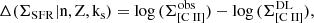 $$ \begin{aligned} \mathrm {\Delta (\Sigma _{\rm SFR}|n, Z, k_s)} = \mathrm {\log {(\Sigma _{[{\text{C}}{\small {{\text{ II}}}}]}^\mathrm{{obs}})}} - \mathrm {\log {(\Sigma _{[{\text{C}}{\small {{\text{ II}}}}]}^\mathrm{{DL}})}}, \end{aligned} $$