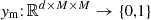 $ \mathit{y}_{\mathrm{m}}{:}\, \mathbb{R}^{d \times M \times M} \to \{0,1\} $