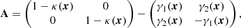 $$ \begin{aligned} \mathbf A = \left( \begin{matrix} 1- \kappa (\boldsymbol{x})&0 \\ 0&1-\kappa (\boldsymbol{x}) \end{matrix} \right) - \left( \begin{matrix} \gamma _1(\boldsymbol{x})&\gamma _2(\boldsymbol{x}) \\ \gamma _2(\boldsymbol{x})&-\gamma _1(\boldsymbol{x}) \end{matrix} \right) , \end{aligned} $$